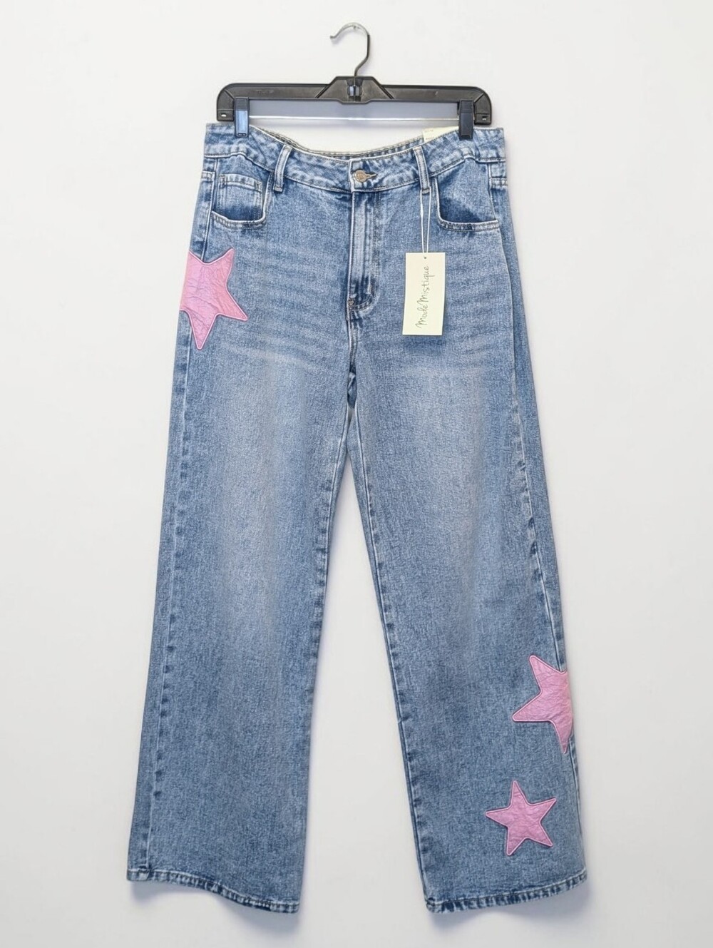 Mode Mystique Star Patch Baggy Mid Rise Y2K Wide Leg Jeans Light Wash 11/30 NWT